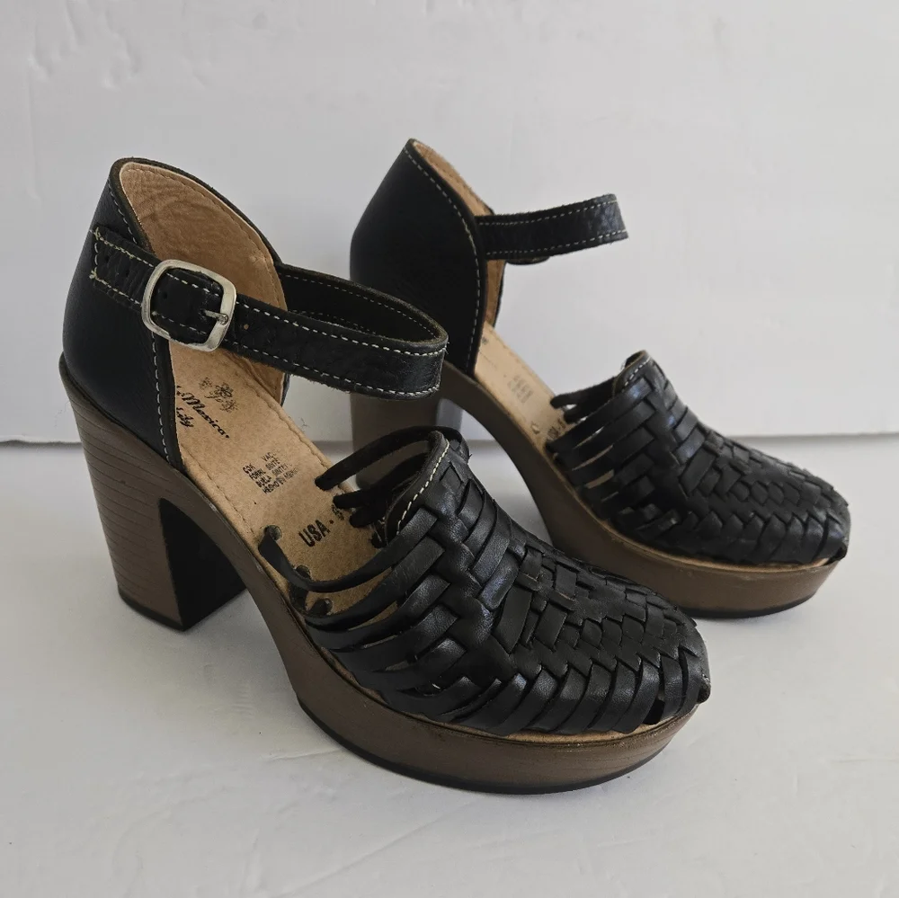 Black Leather Platform Ankle Strap Shoes size 6 Artisan made